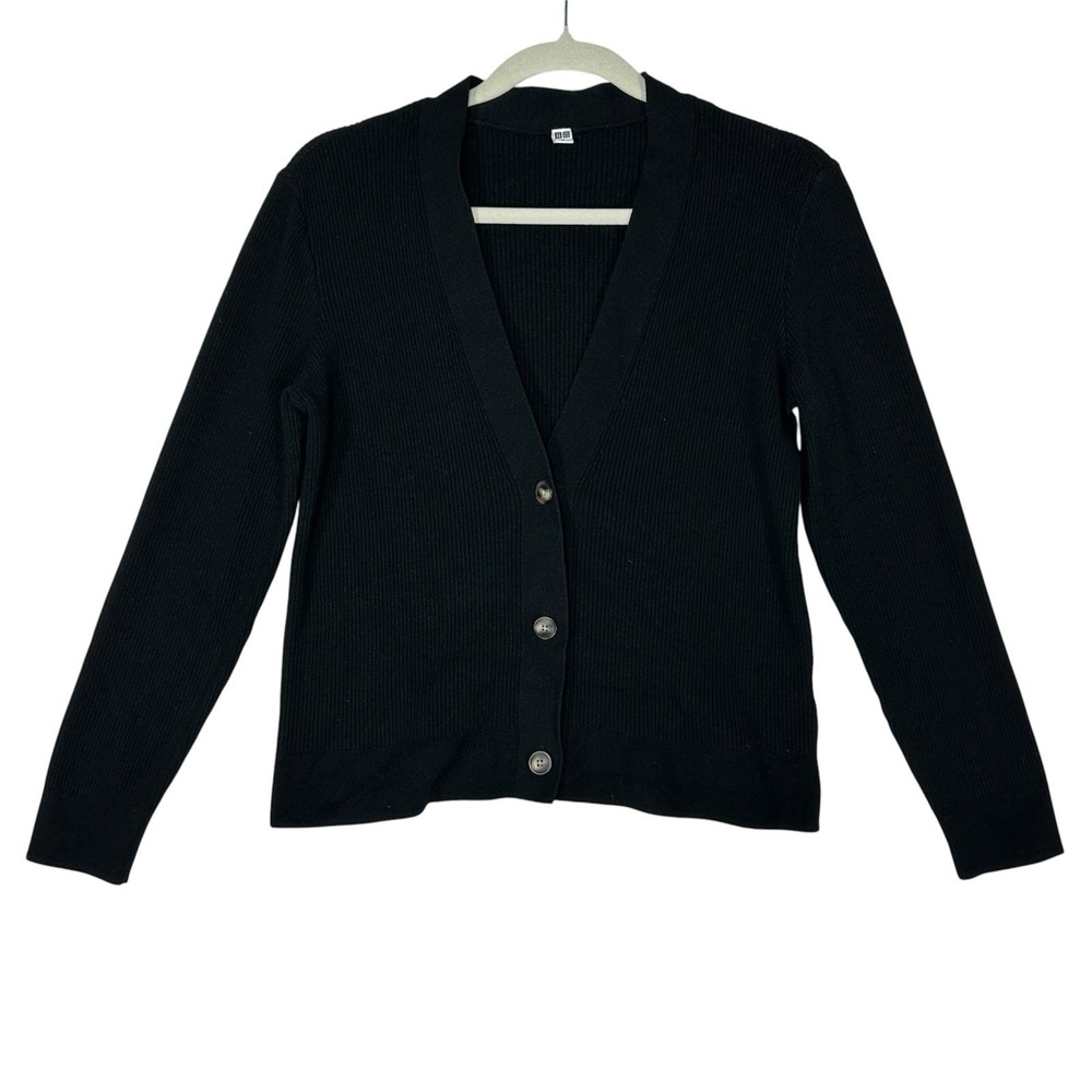 Uniqlo Ribbed V-Neck Cardigan M Black Minimalist Quiet Luxury Office